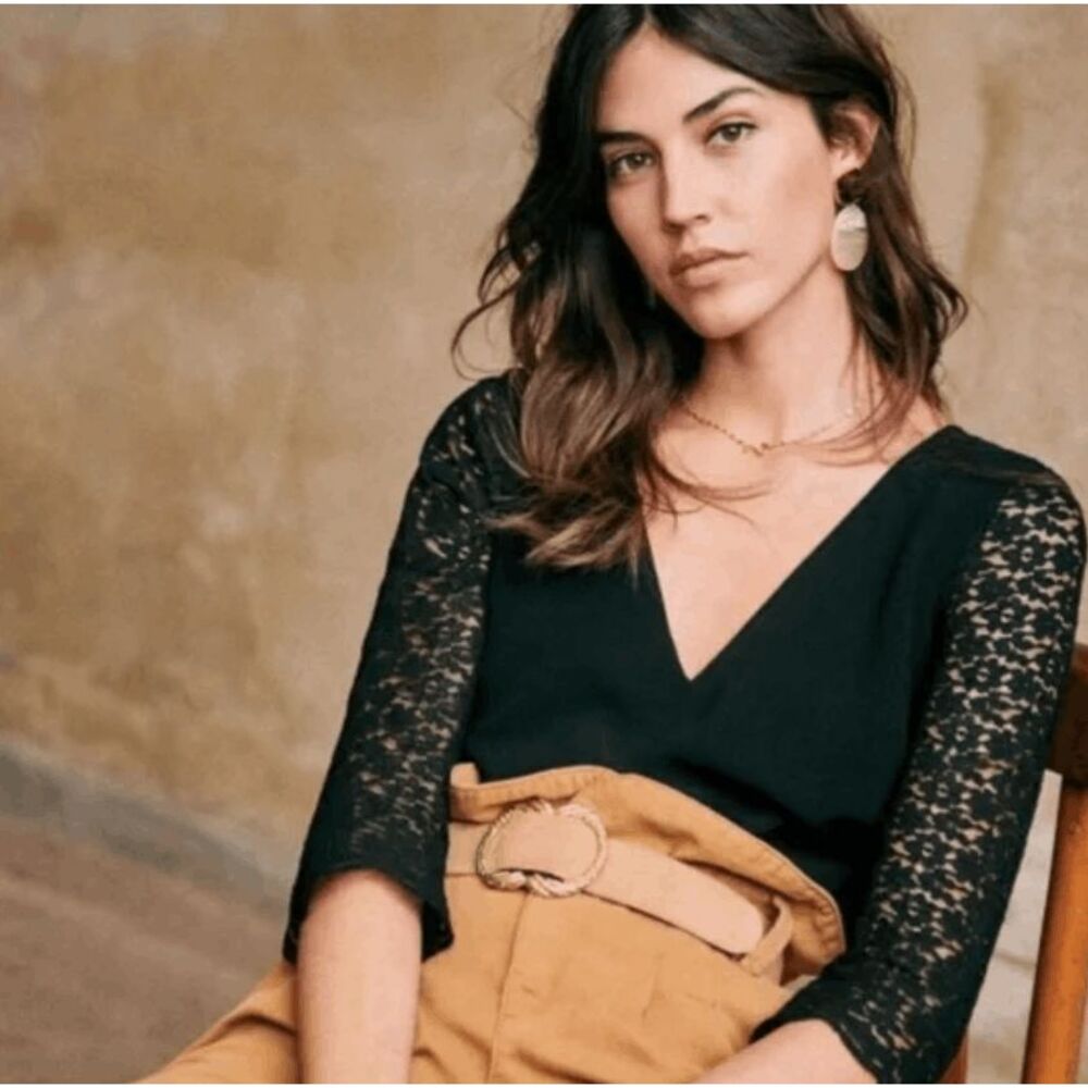 Sezane Black Lace-Sleeve V-Neck Top